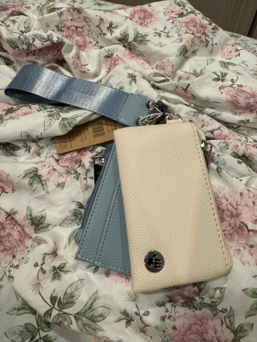 BearPaw Cream and Pastel Blue Pouch with Silver Hardware